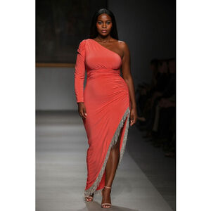 MAC DUGGAL Coral One Shoulder Dress with Fringe - Size 14W